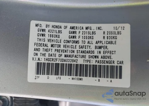 2013 Honda Accord Ex z USA, uszkodzony, nr VIN 1HGCR2F70DA033942